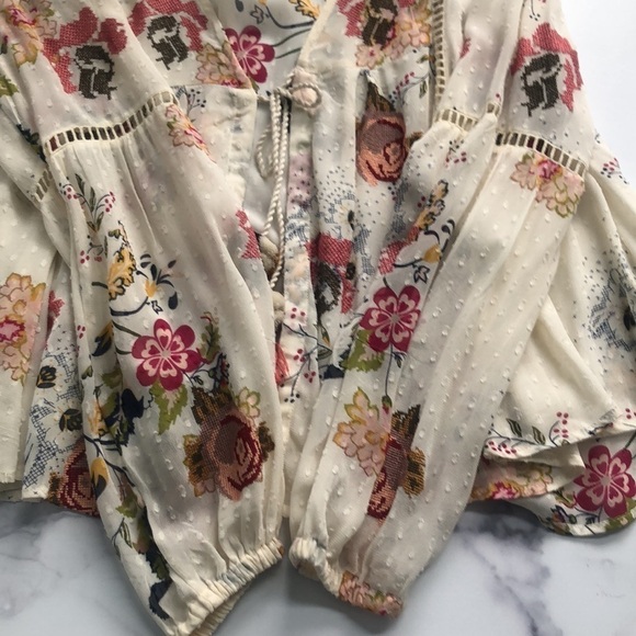 Zara Floral Embroidered Tie Front Sheer Blouse With Pom Pom Tassels Size Small - Picture 8 of 12